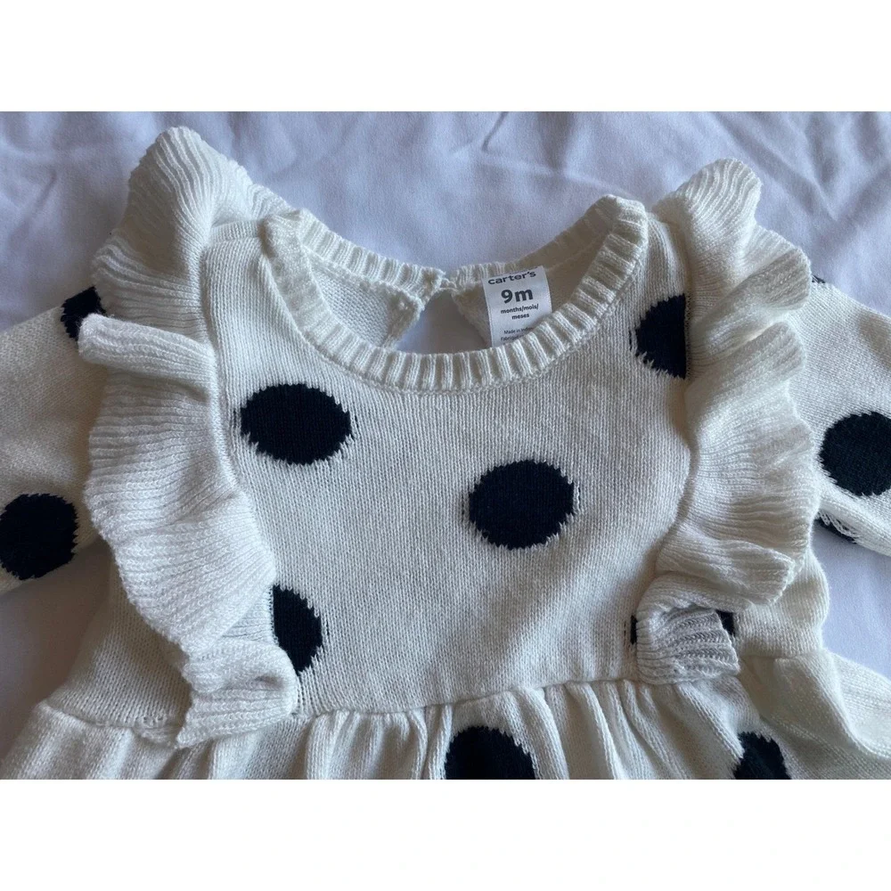 Carter's Baby Girl Polka Dot Ruffle Knit Sweater Dress Size 9M White Black
